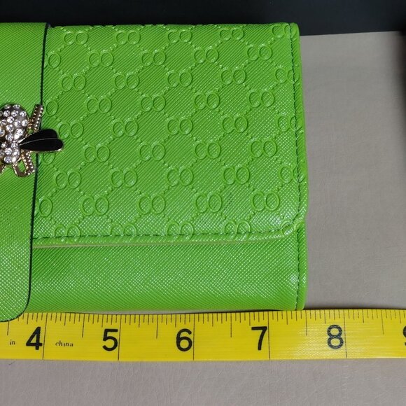 Leather Wallet Lime Green Embossed Faux Snap Closure Decorative Bee Accent - Picture 3 of 9